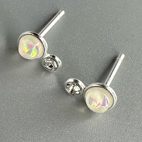 Sterling Silver Crystal and Opal Tiny Stud Earrings - Picture 3 of 9